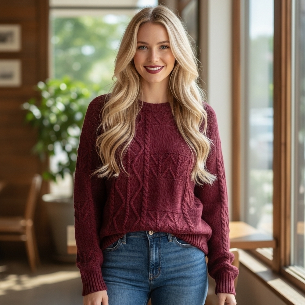 Honey Punch Berry Color Cableknit Front Tunic Length Sweater